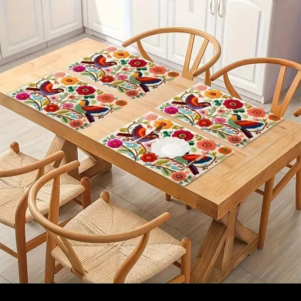 Floral Bird Pattern Linen Placemats 4pcs.